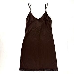 Vtg 90s Y2K Vivienne Tam Womens Slip‎ Dress 1/S Brown Lace Trim Nylon Semi Sheer